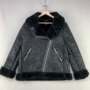 Philomena Petti Faux Shearling Moto Jacket Womens Small Black Aviator Biker Coat